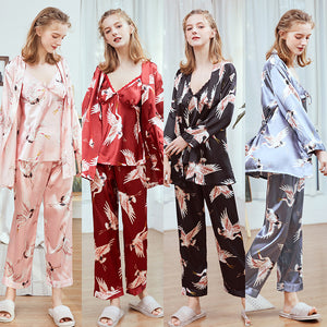 Three-piece faux silk pajamas set