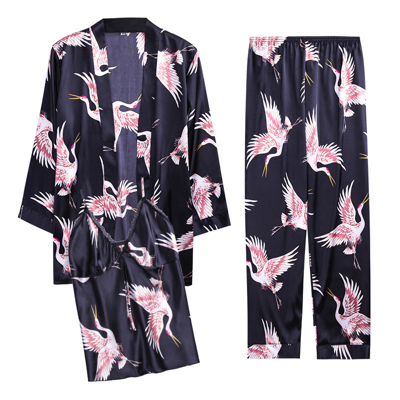 Three-piece faux silk pajamas set