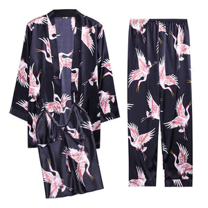 Three-piece faux silk pajamas set