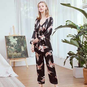 Three-piece faux silk pajamas set