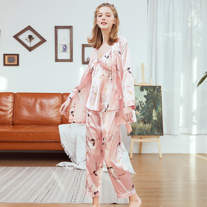 Three-piece faux silk pajamas set