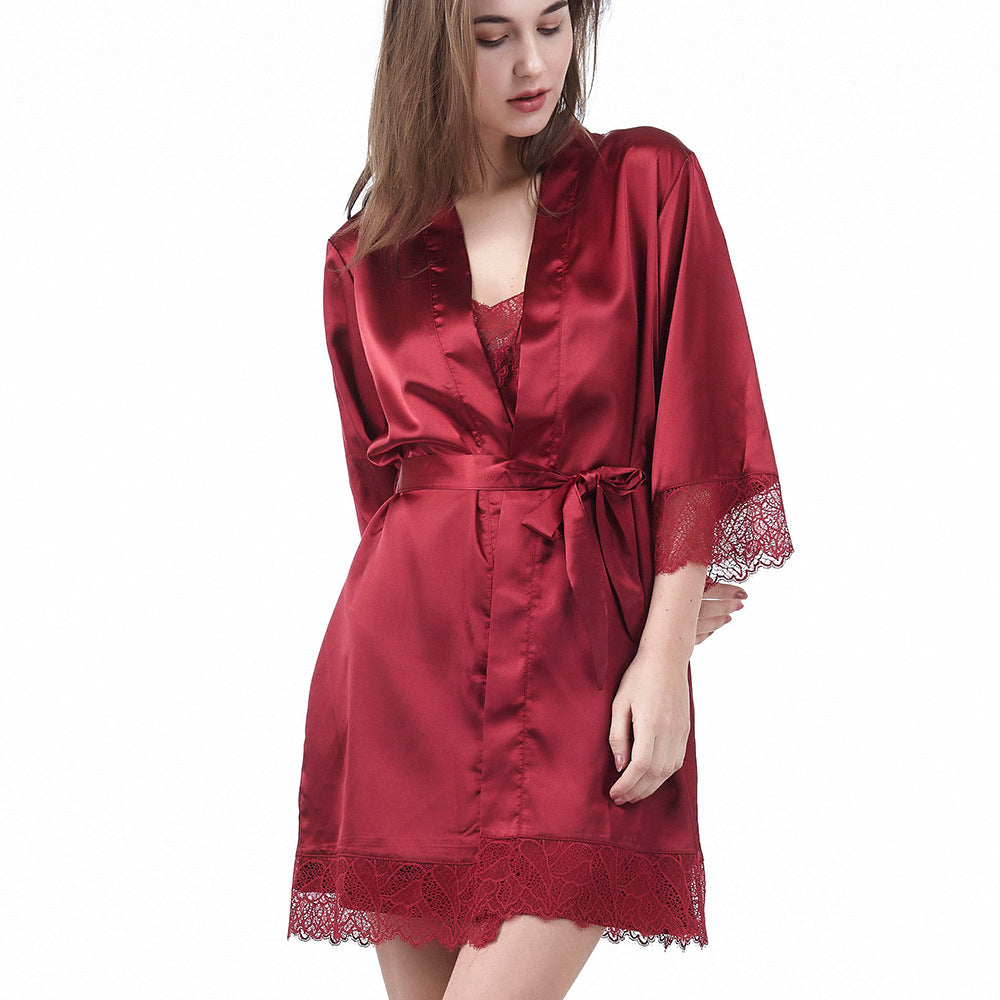 Lace silk long robe sleepwear