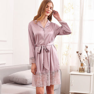 Lace silk long robe sleepwear