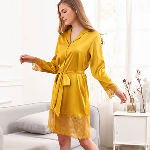 Lace silk long robe sleepwear