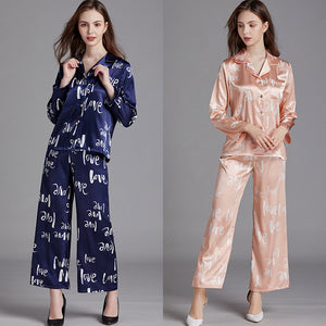 Women spring summer silk long-sleeved pajamas