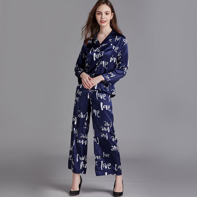 Women spring summer silk long-sleeved pajamas