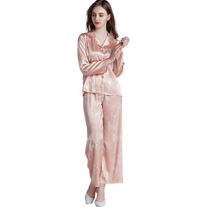 Women spring summer silk long-sleeved pajamas