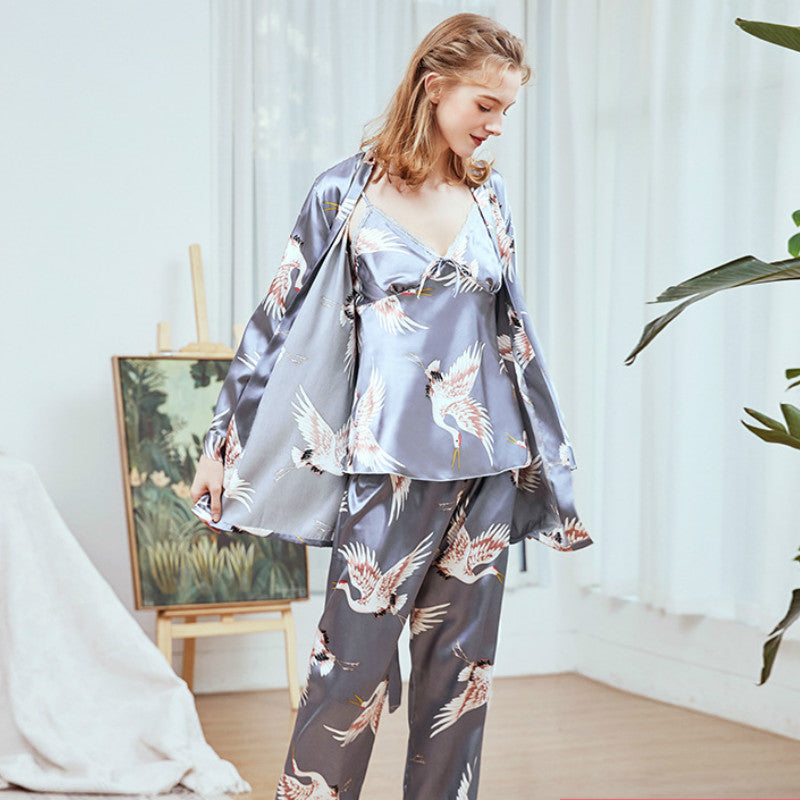 Three-piece faux silk pajamas set